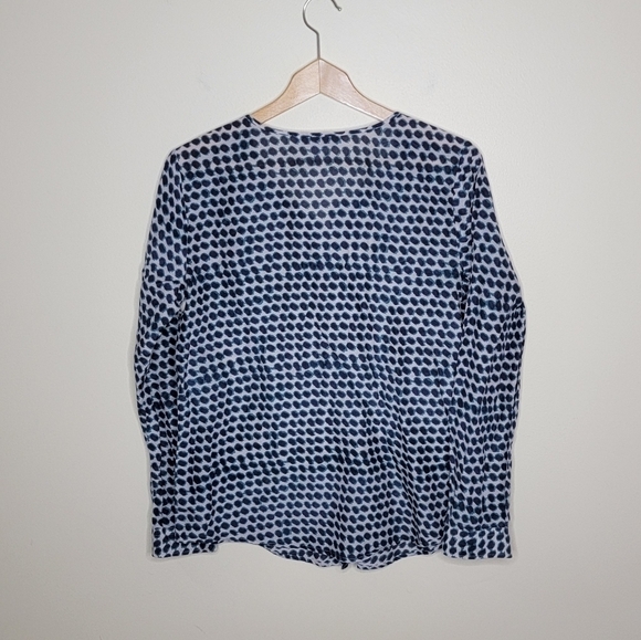 LOFT | Beige Navy Teal Abstract Circle Print Button Front Blouse Size Medium - Picture 2 of 4